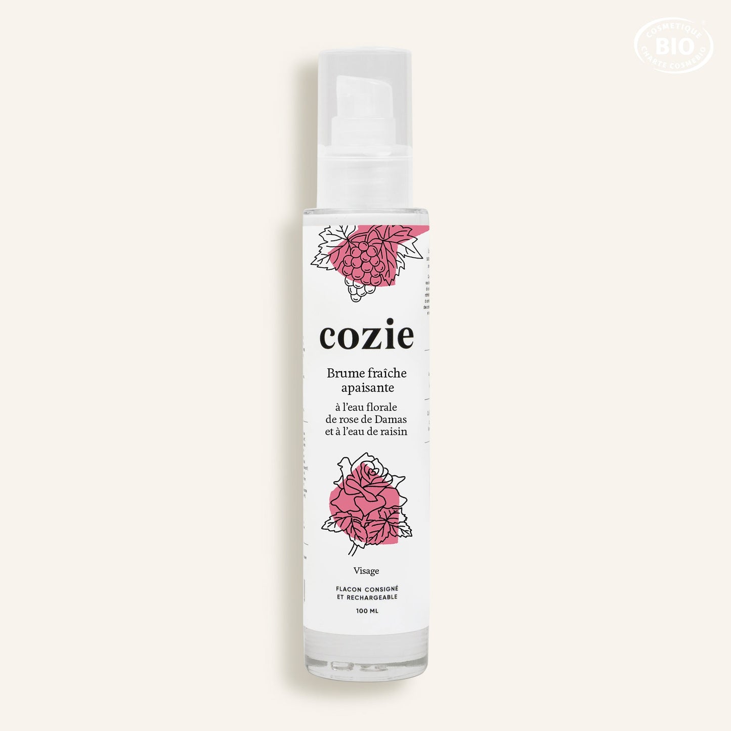 Brume fraîche apaisante à l’eau florale de rose et à l’eau de raisin – 100ml