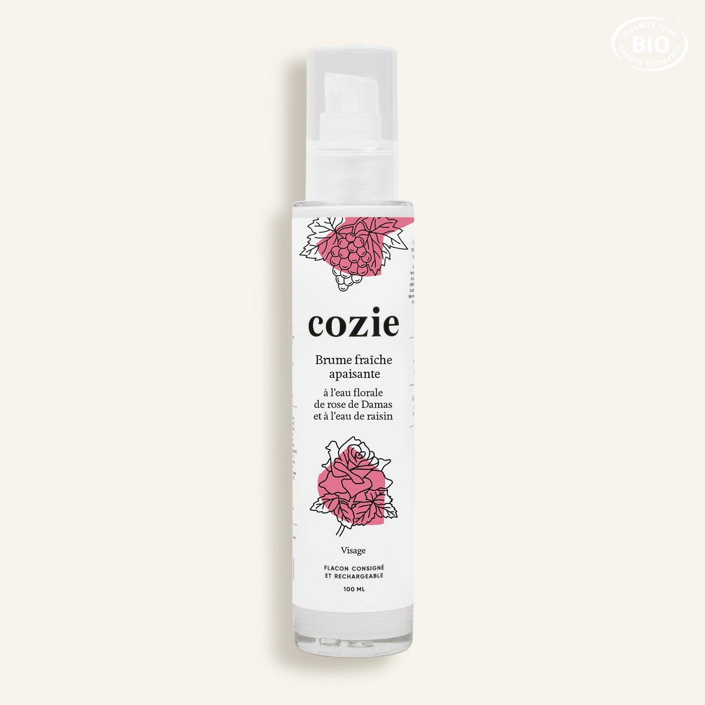 Brume fraîche apaisante à l’eau florale de rose et à l’eau de raisin – 100ml